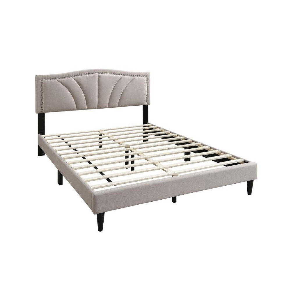 Benjara Reo Queen Size Bed, Light Brown Burlap Upholstered Curved Headboard