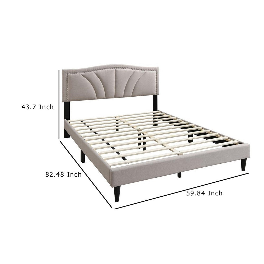 Benjara Reo Queen Size Bed, Light Brown Burlap Upholstered Curved Headboard