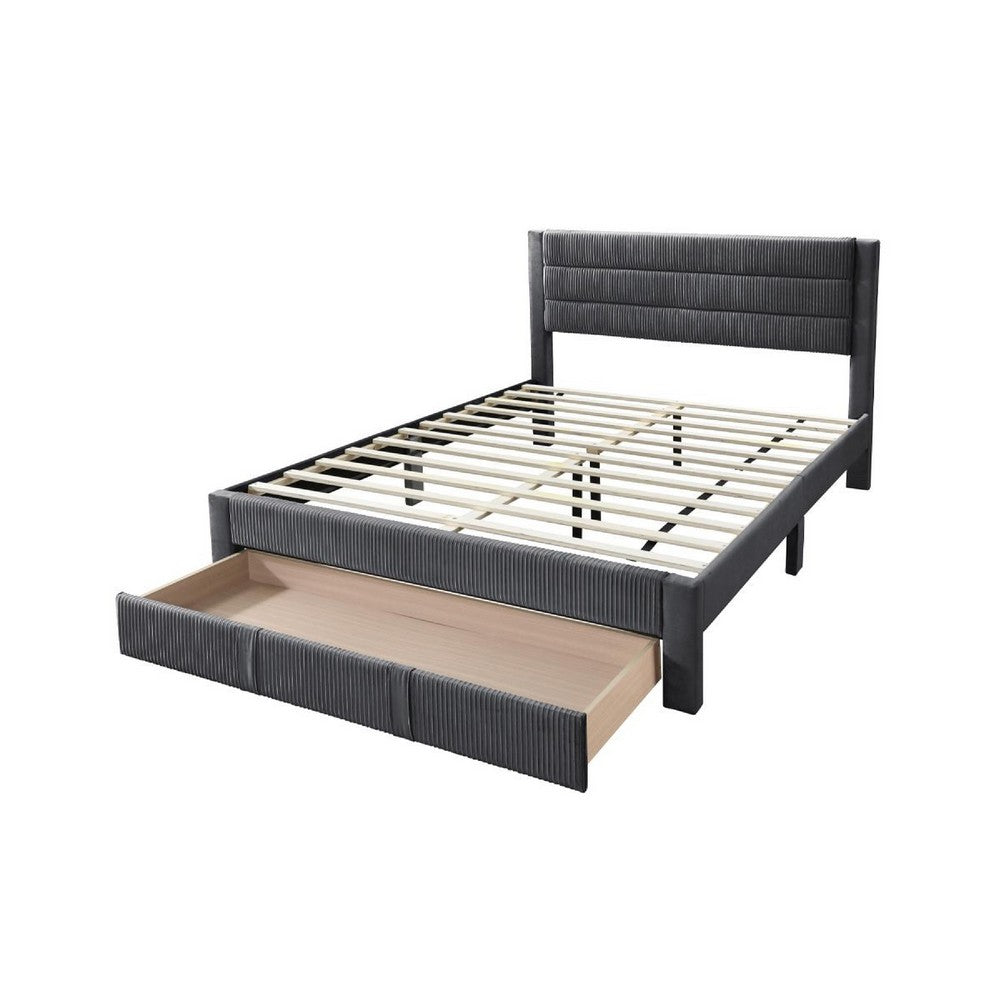 Benjara Heo Queen Size Bed w Storage Drawer, Dark Gray Corduroy Upholstery