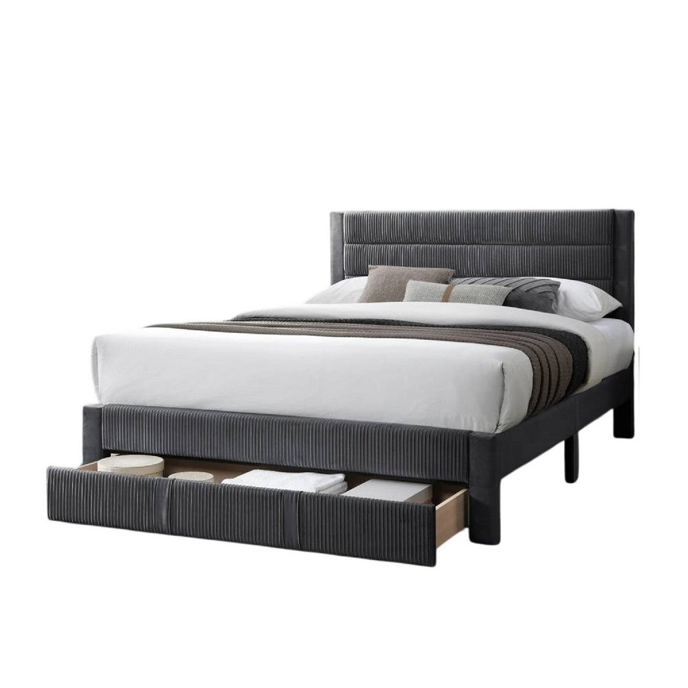 Benjara Heo Queen Size Bed w Storage Drawer, Dark Gray Corduroy Upholstery