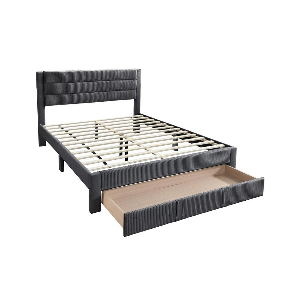 Benjara Heo Queen Size Bed w Storage Drawer, Dark Gray Corduroy Upholstery