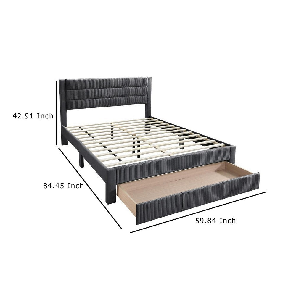 Benjara Heo Queen Size Bed w Storage Drawer, Dark Gray Corduroy Upholstery