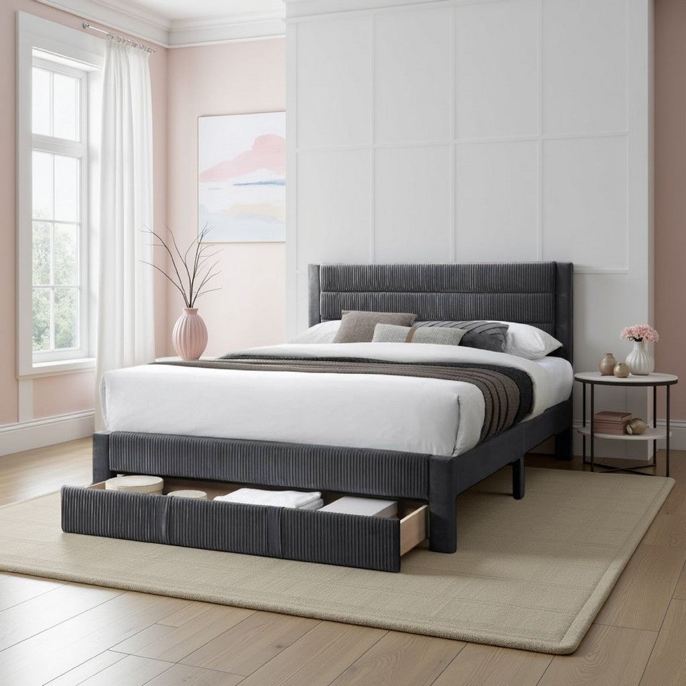 Benjara Heo Queen Size Bed w Storage Drawer, Dark Gray Corduroy Upholstery