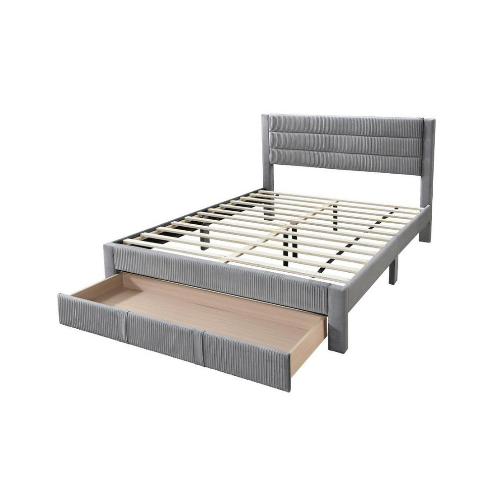 Benjara Heo Queen Size Bed w Storage Drawer, Light Gray Corduroy Upholstery