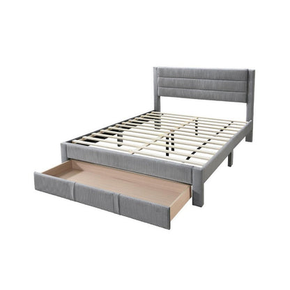 Benjara Heo Queen Size Bed w Storage Drawer, Light Gray Corduroy Upholstery