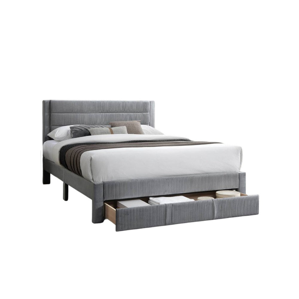 Benjara Heo Queen Size Bed w Storage Drawer, Light Gray Corduroy Upholstery