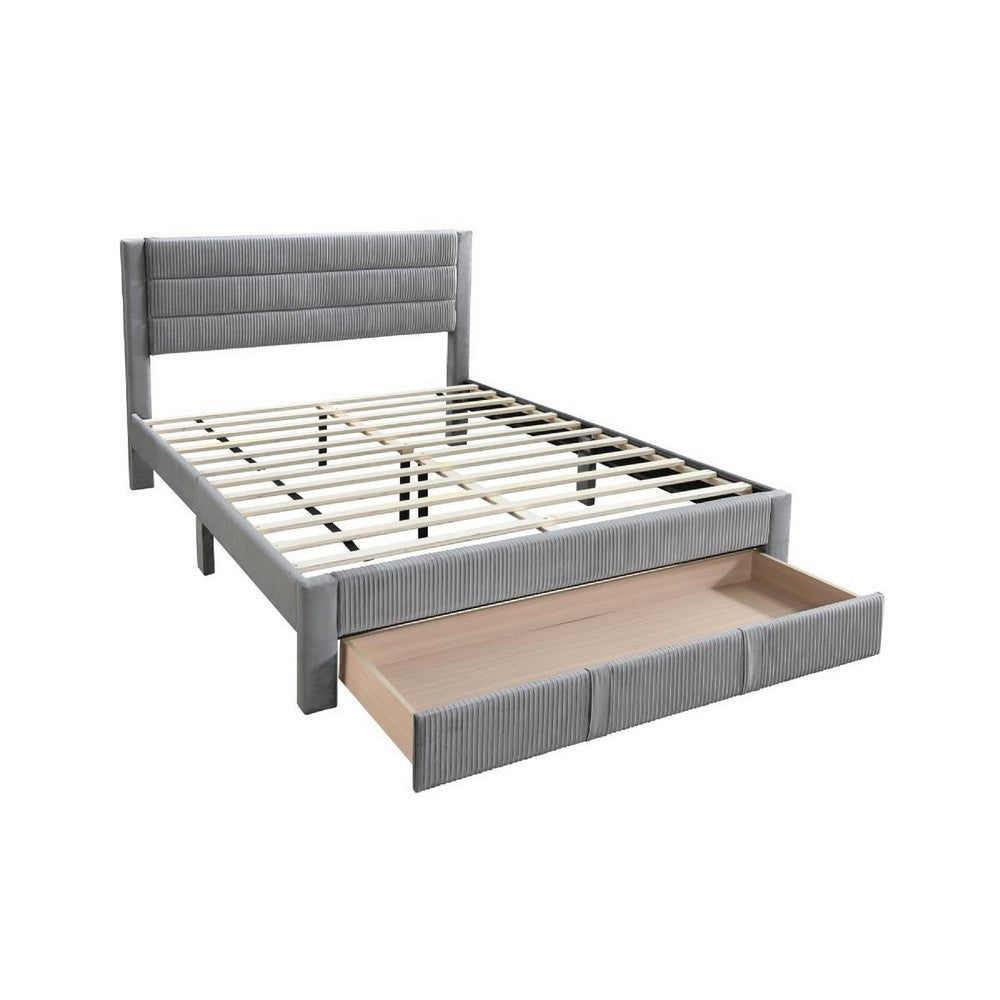 Benjara Heo Queen Size Bed w Storage Drawer, Light Gray Corduroy Upholstery