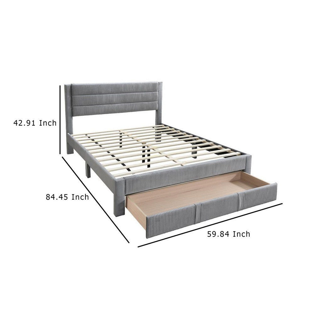 Benjara Heo Queen Size Bed w Storage Drawer, Light Gray Corduroy Upholstery