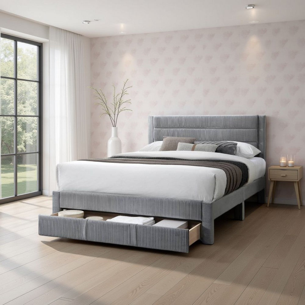 Benjara Heo Queen Size Bed w Storage Drawer, Light Gray Corduroy Upholstery