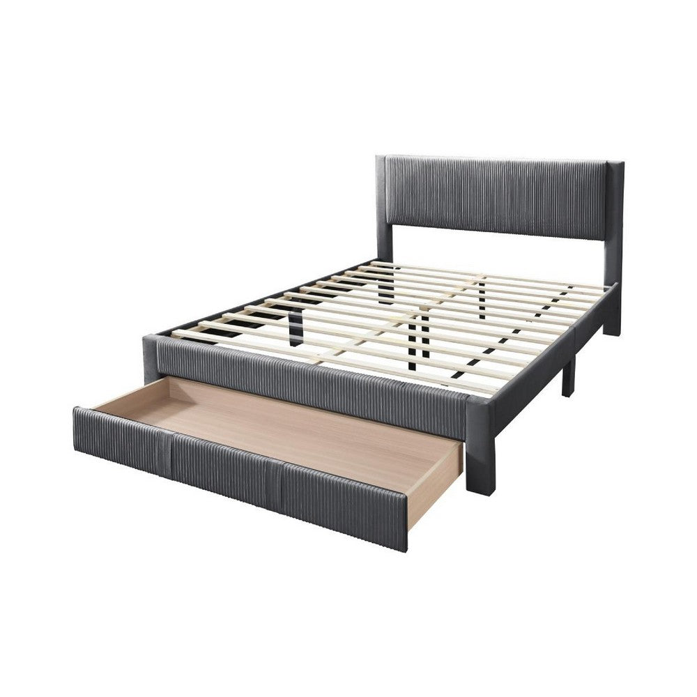 Benjara Peo Queen Size Bed w Storage Drawer, Charcoal Gray Corduroy Upholstery