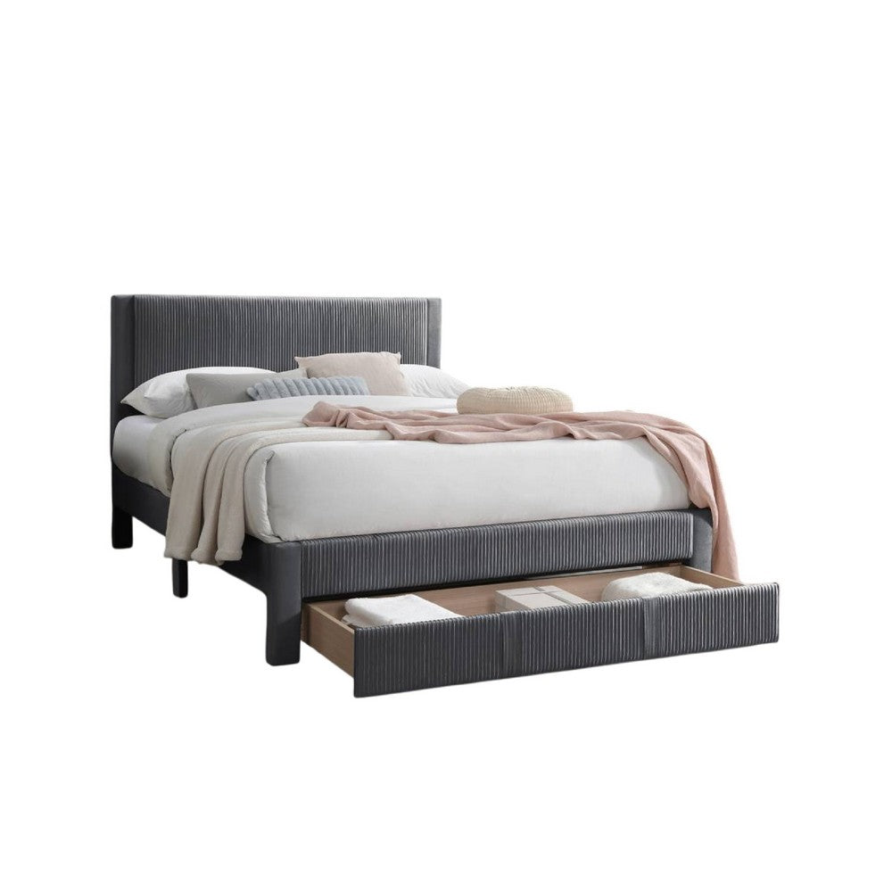 Benjara Peo Queen Size Bed w Storage Drawer, Charcoal Gray Corduroy Upholstery