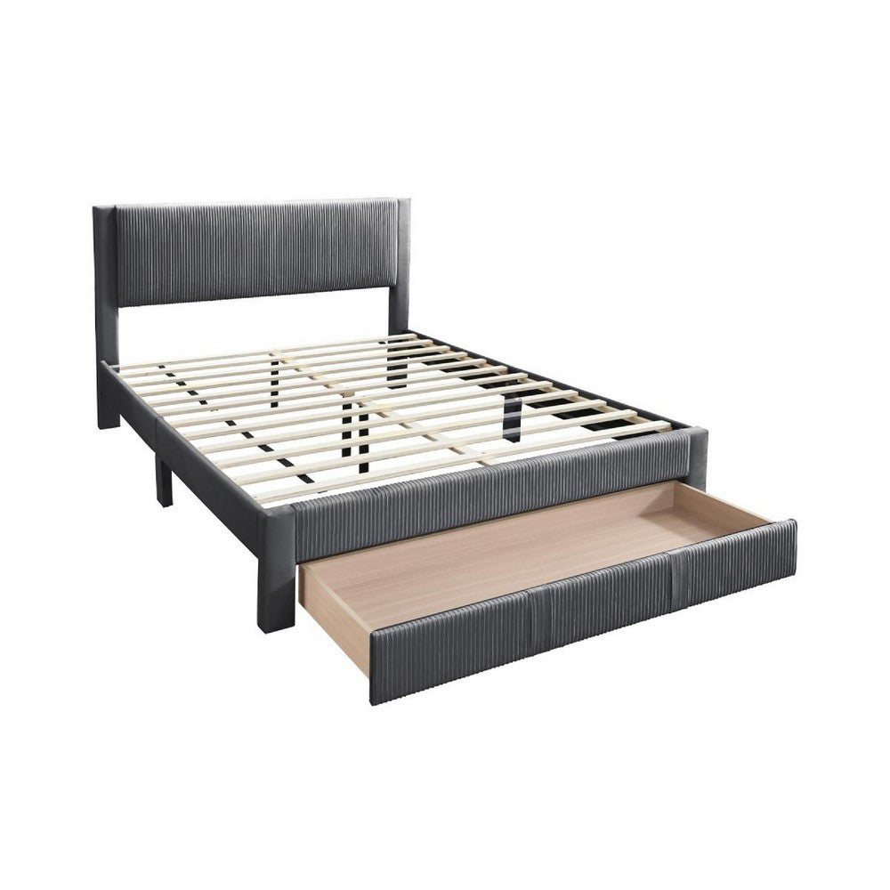 Benjara Peo Queen Size Bed w Storage Drawer, Charcoal Gray Corduroy Upholstery
