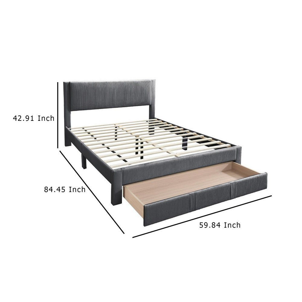 Benjara Peo Queen Size Bed w Storage Drawer, Charcoal Gray Corduroy Upholstery