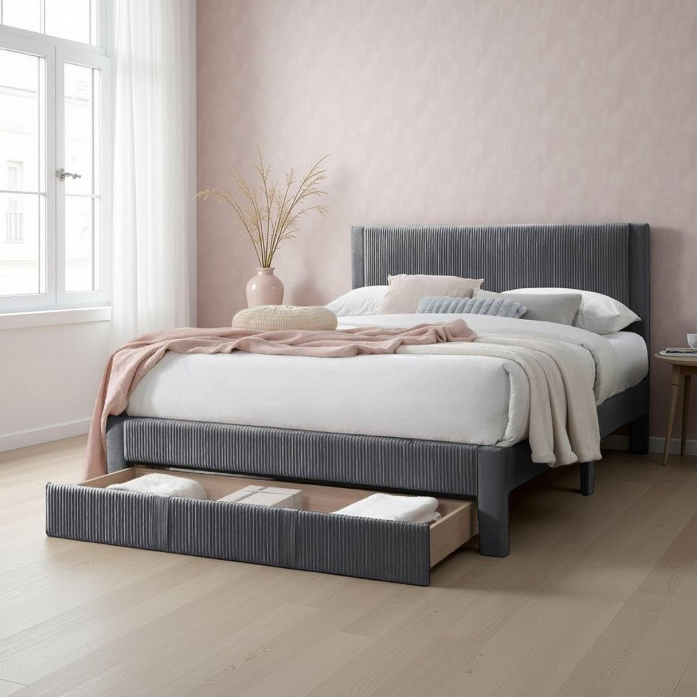 Benjara Peo Queen Size Bed w Storage Drawer, Charcoal Gray Corduroy Upholstery