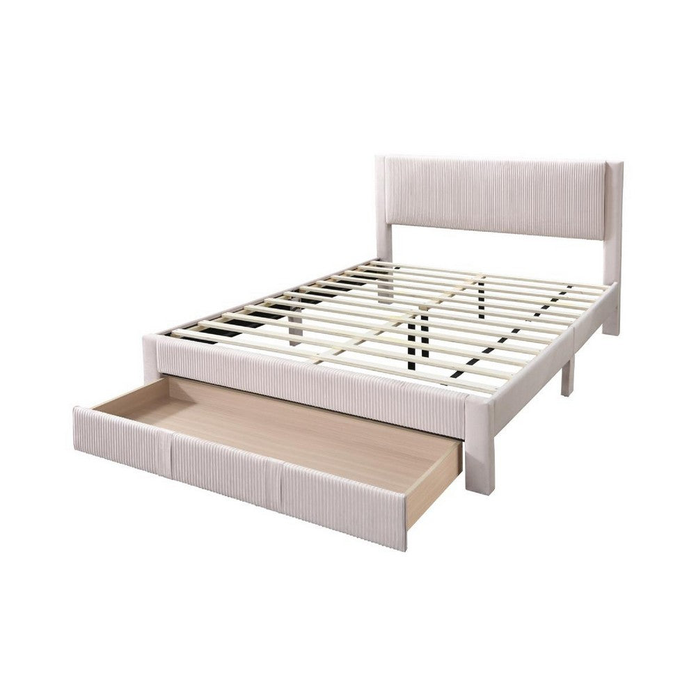 Benjara Peo Queen Size Bed w Storage Drawer, Light Pink Corduroy Upholstery