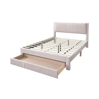 Benjara Peo Queen Size Bed w Storage Drawer, Light Pink Corduroy Upholstery