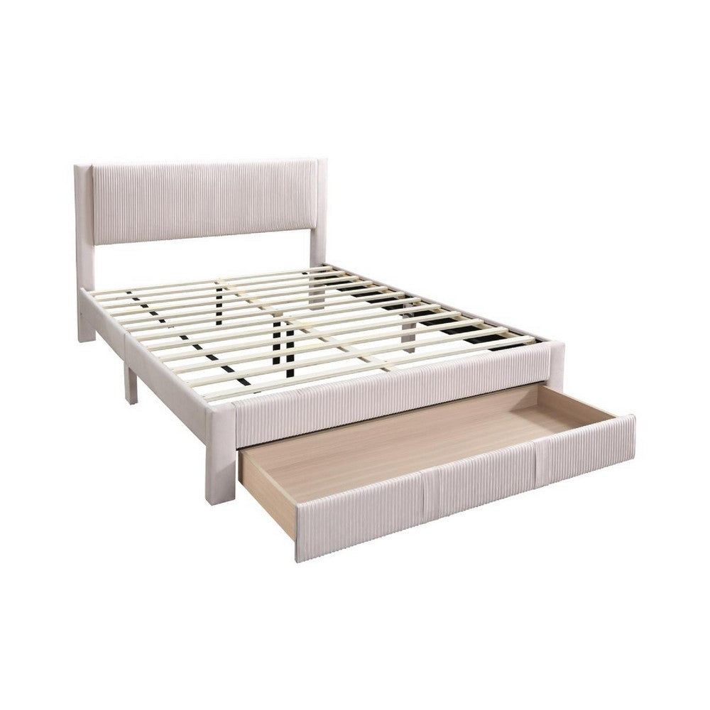 Benjara Peo Queen Size Bed w Storage Drawer, Light Pink Corduroy Upholstery