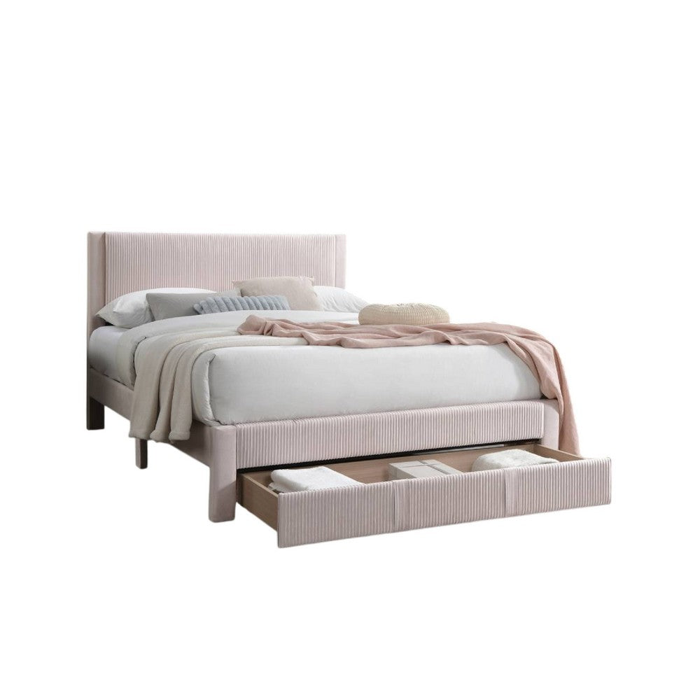 Benjara Peo Queen Size Bed w Storage Drawer, Light Pink Corduroy Upholstery