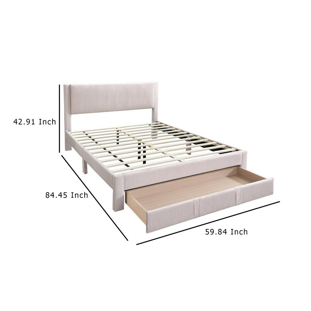 Benjara Peo Queen Size Bed w Storage Drawer, Light Pink Corduroy Upholstery