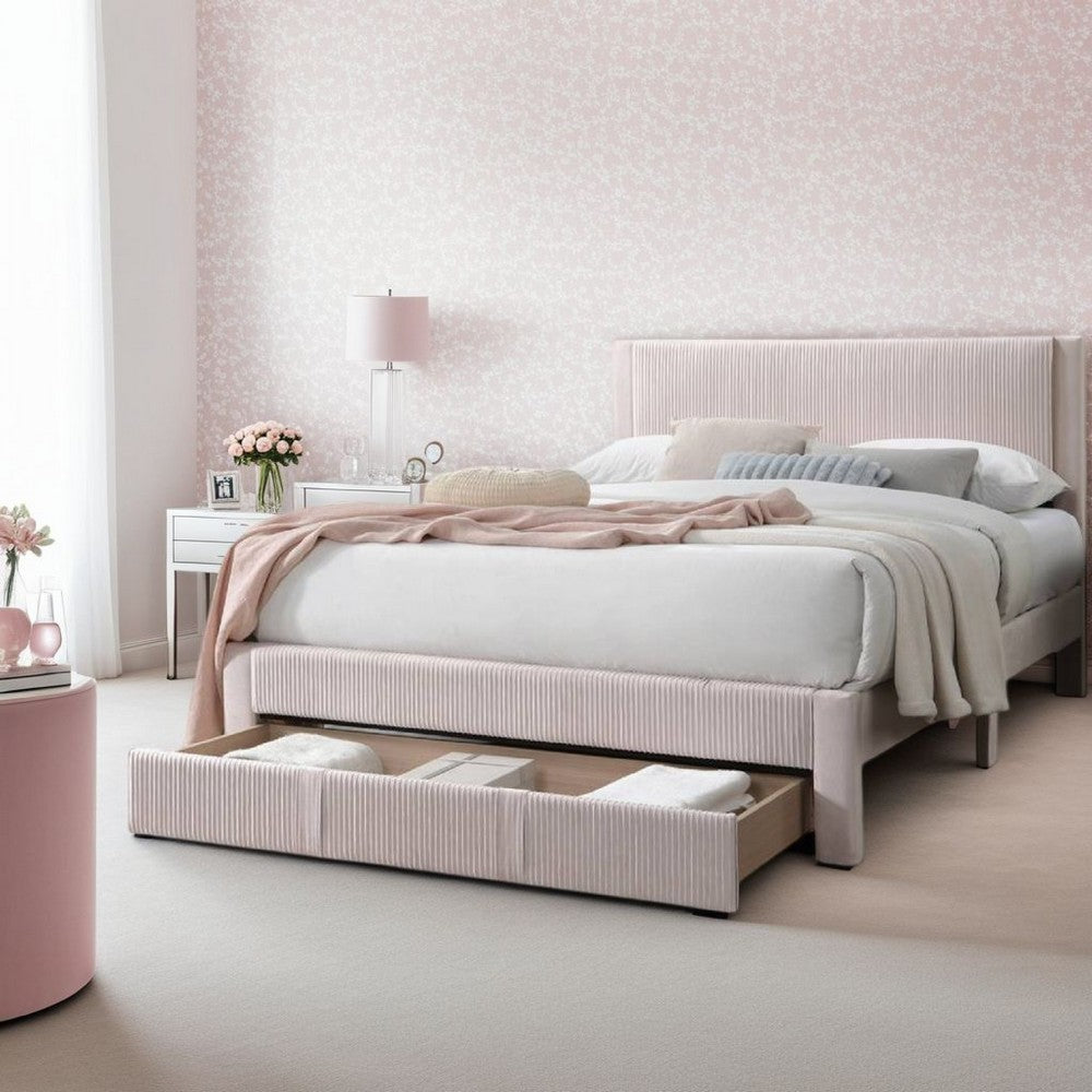 Benjara Peo Queen Size Bed w Storage Drawer, Light Pink Corduroy Upholstery
