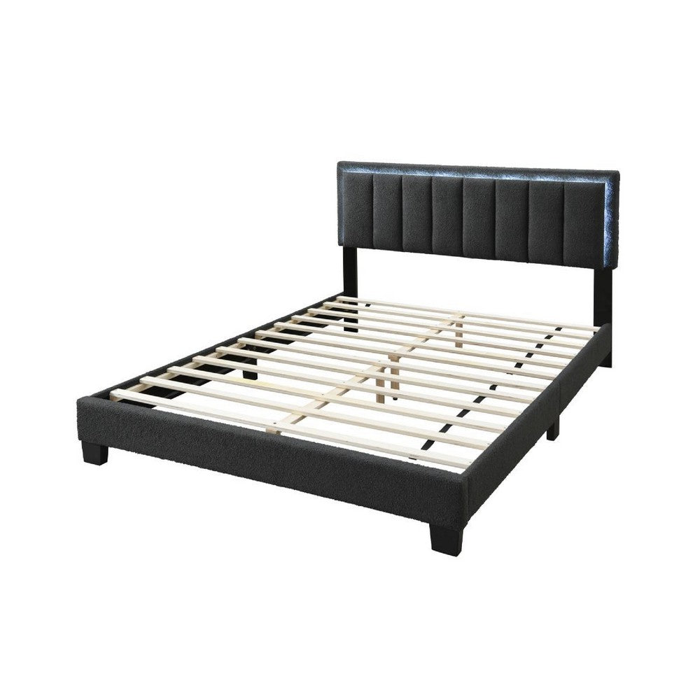 Benjara Zemo Queen Size Bed, LED Headboard, Charcoal Gray Wool Upholstery
