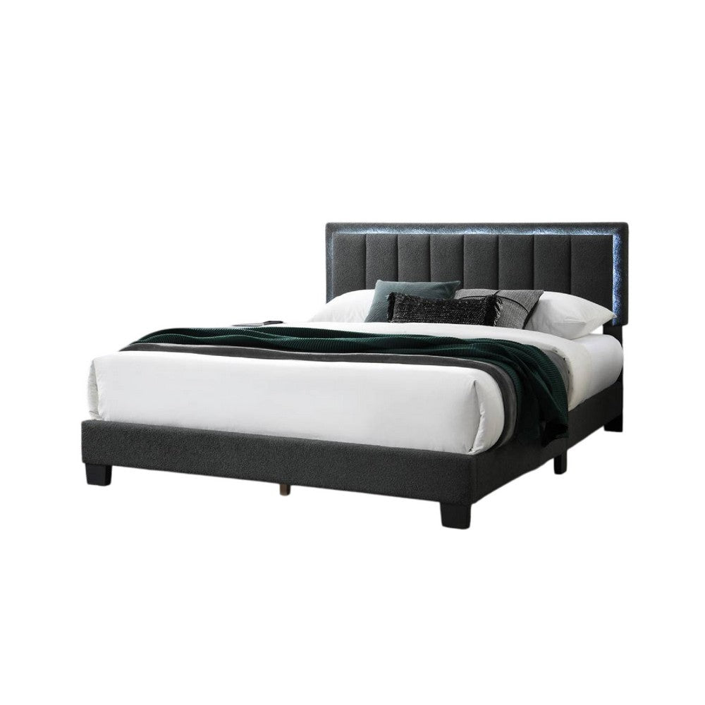 Benjara Zemo Queen Size Bed, LED Headboard, Charcoal Gray Wool Upholstery