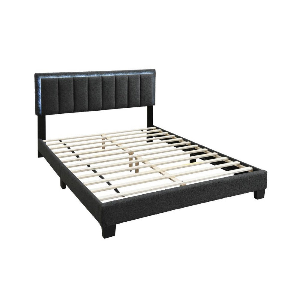 Benjara Zemo Queen Size Bed, LED Headboard, Charcoal Gray Wool Upholstery