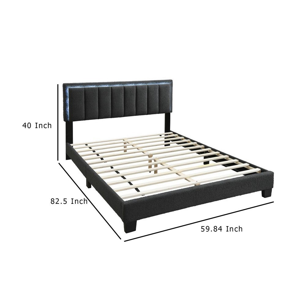 Benjara Zemo Queen Size Bed, LED Headboard, Charcoal Gray Wool Upholstery