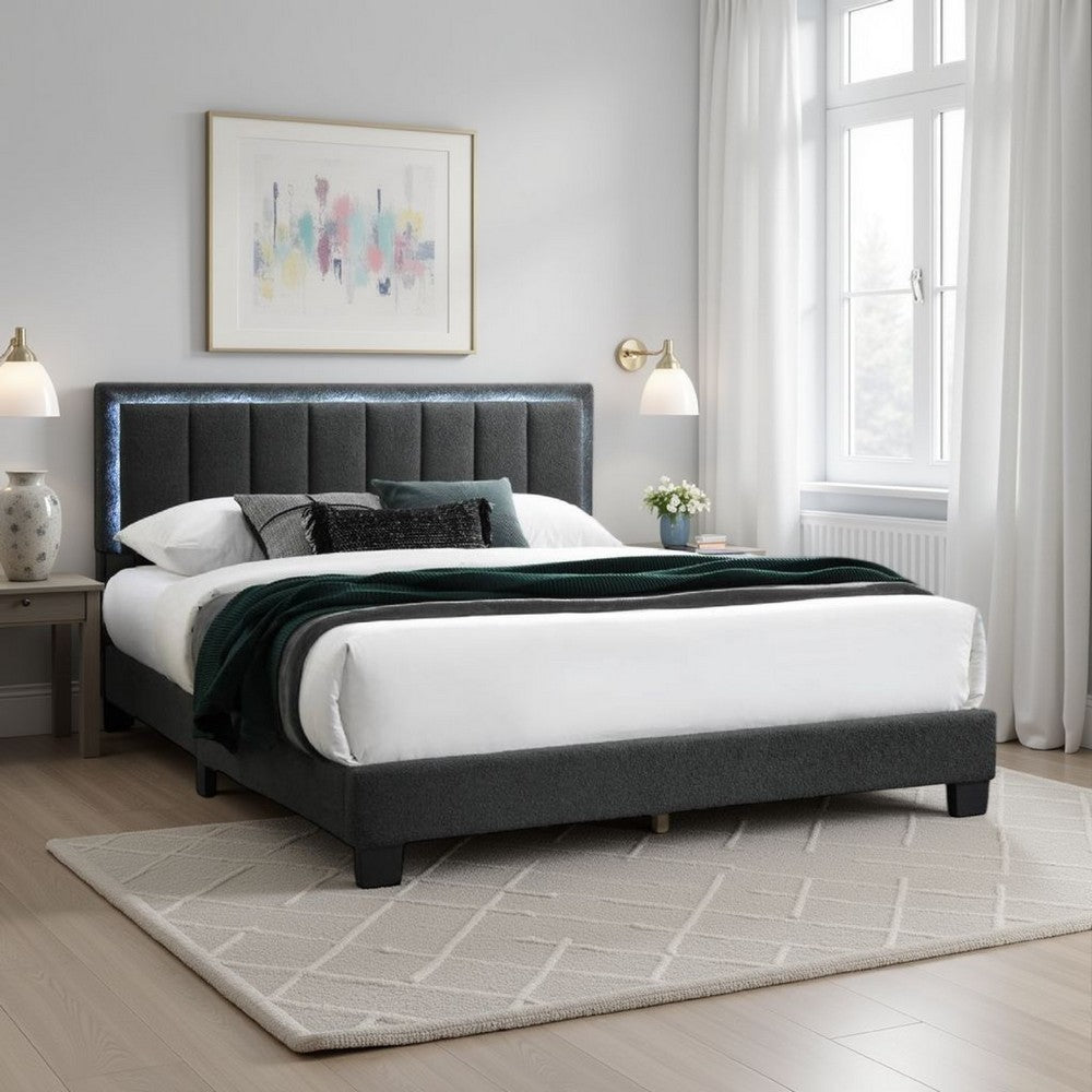 Benjara Zemo Queen Size Bed, LED Headboard, Charcoal Gray Wool Upholstery