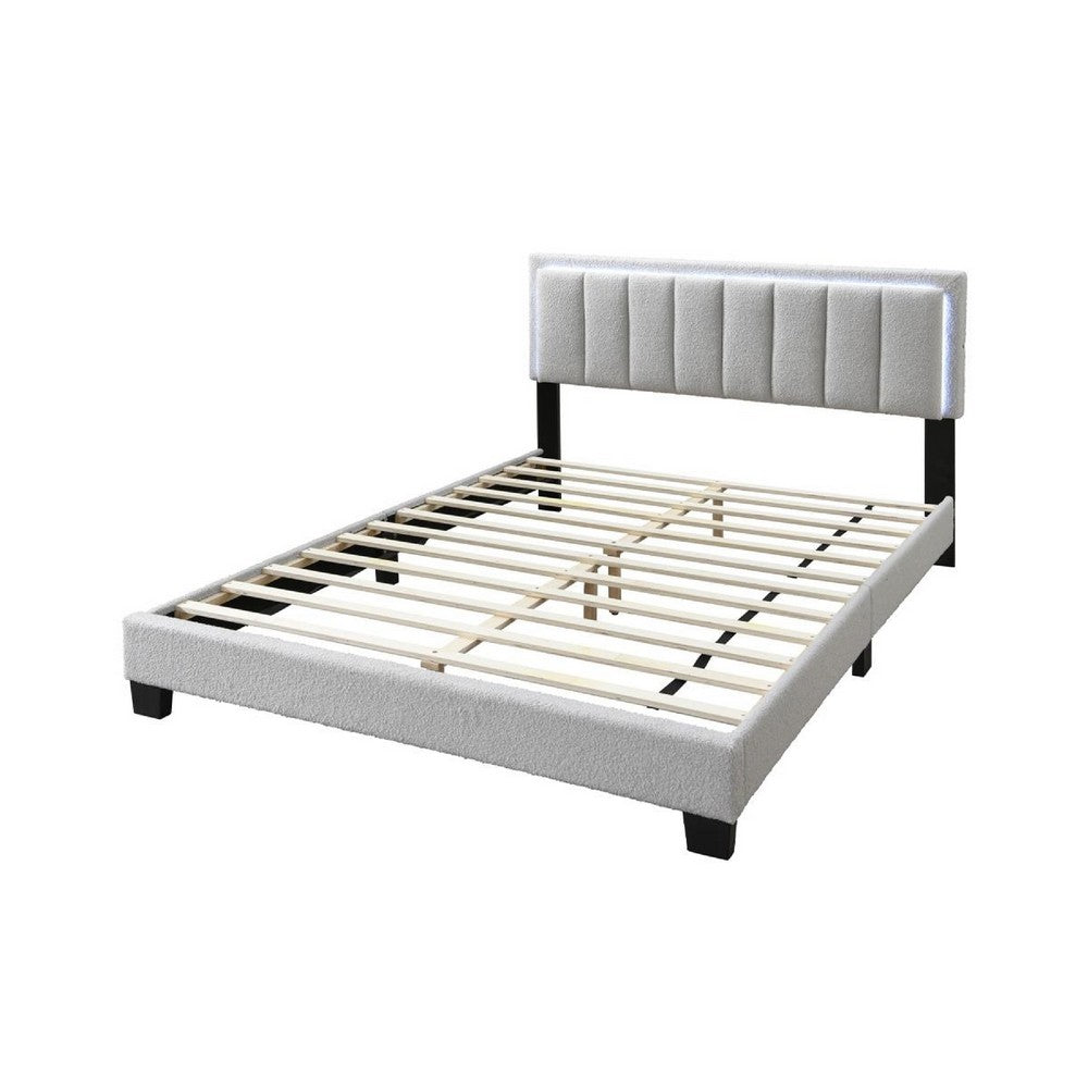 Benjara Zemo Queen Size Bed, LED Headboard, Tufted Light Gray Wool Upholstery