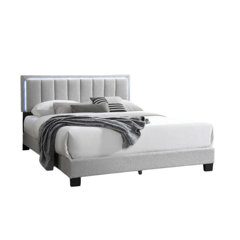Benjara Zemo Queen Size Bed, LED Headboard, Tufted Light Gray Wool Upholstery