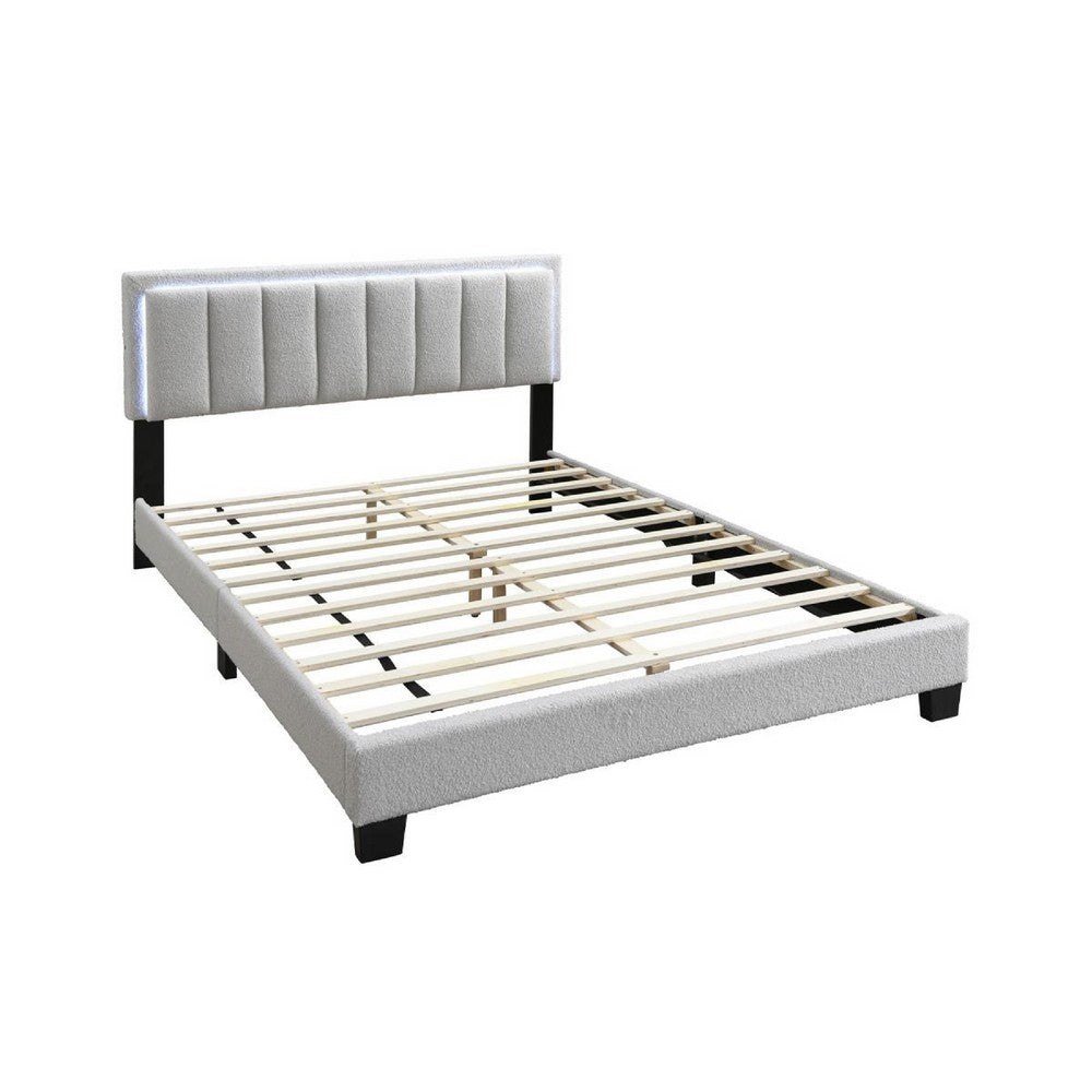 Benjara Zemo Queen Size Bed, LED Headboard, Tufted Light Gray Wool Upholstery