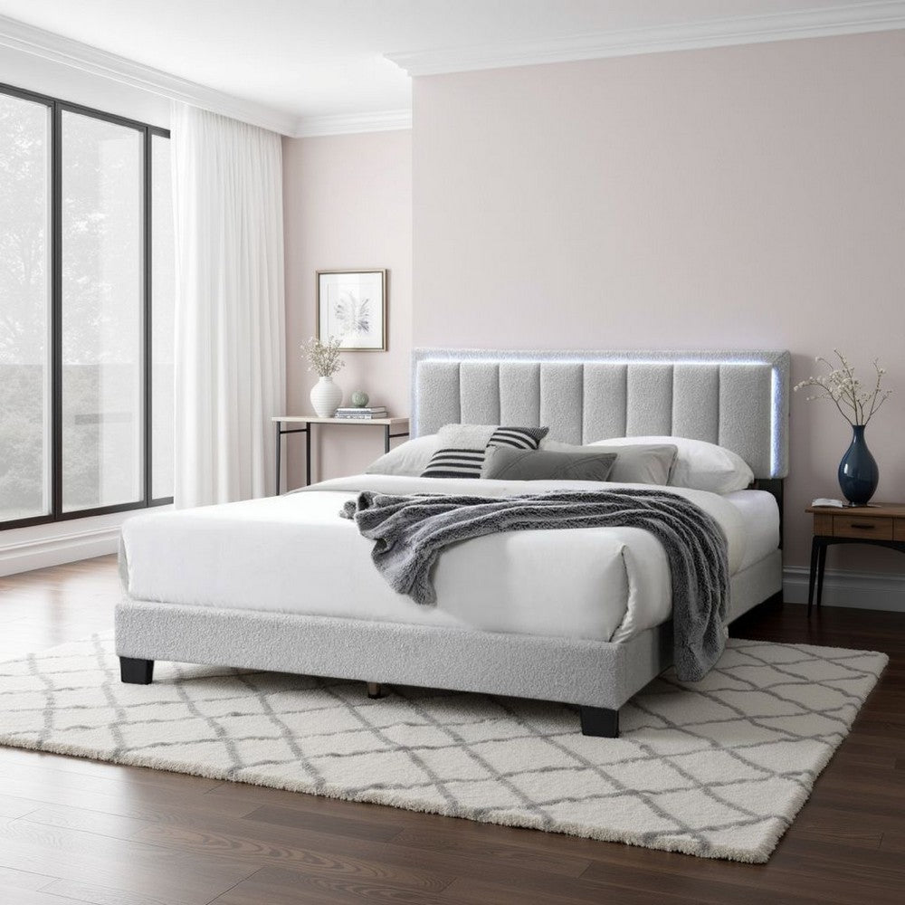 Benjara Zemo Queen Size Bed, LED Headboard, Tufted Light Gray Wool Upholstery