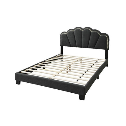 Benjara Geny Queen Size Bed, Charcoal Gray Wool Upholstery And LED, Glam Arch