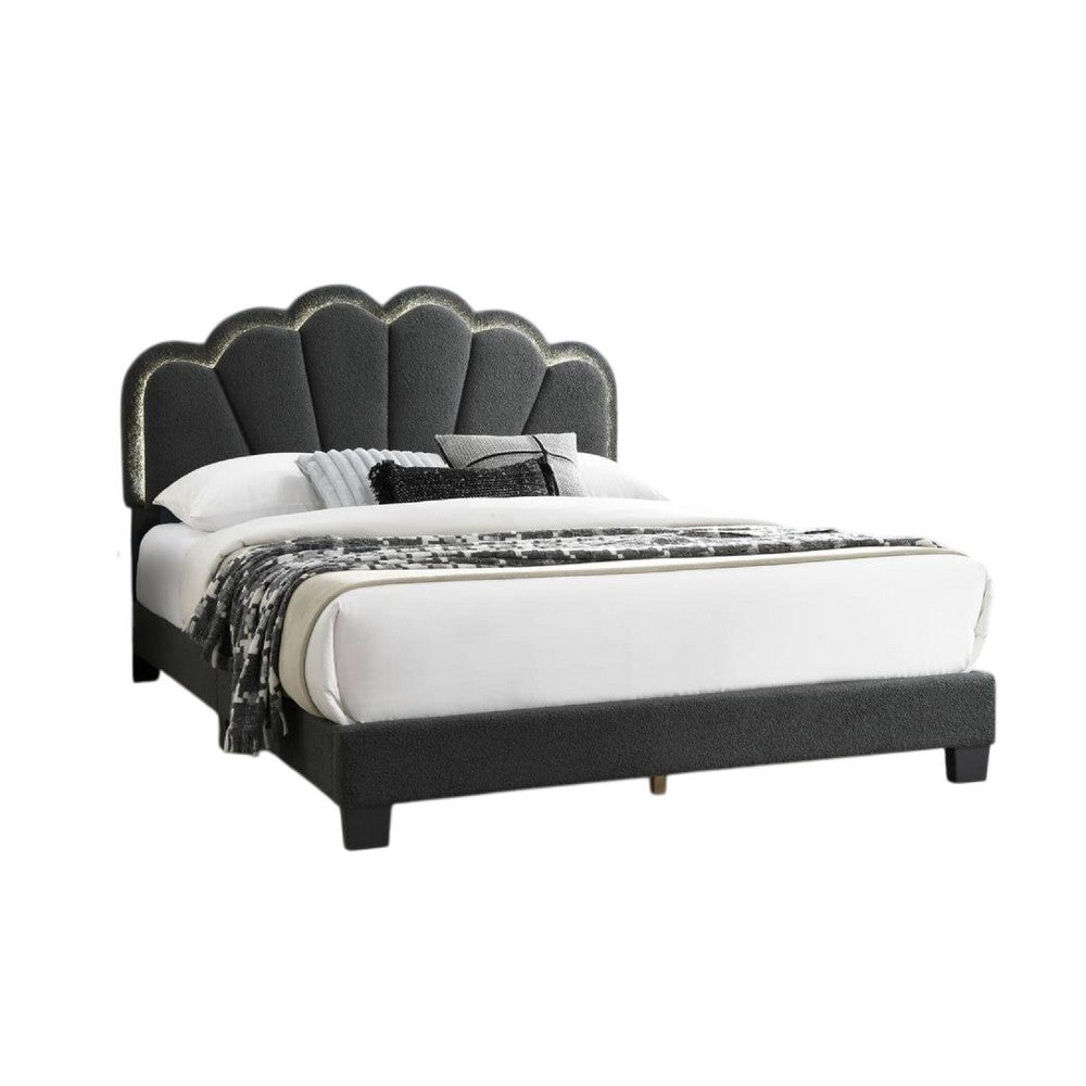 Benjara Geny Queen Size Bed, Charcoal Gray Wool Upholstery And LED, Glam Arch