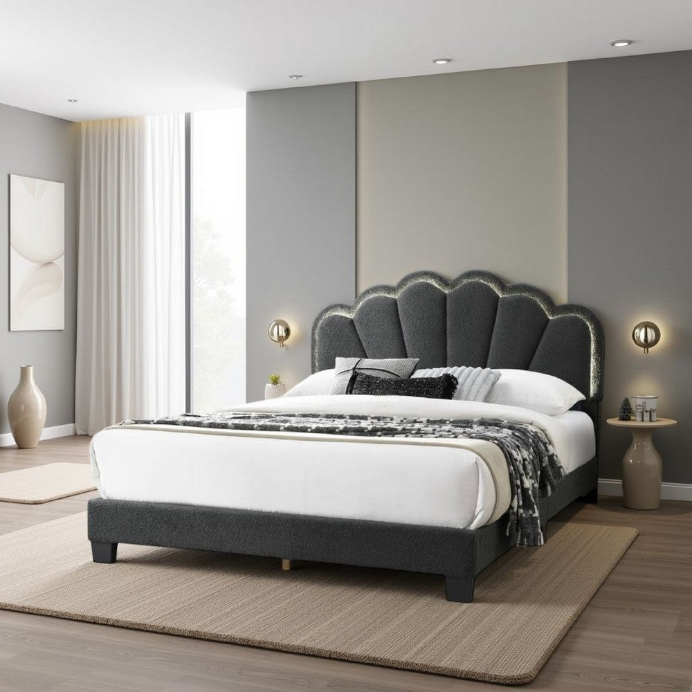 Benjara Geny Queen Size Bed, Charcoal Gray Wool Upholstery And LED, Glam Arch