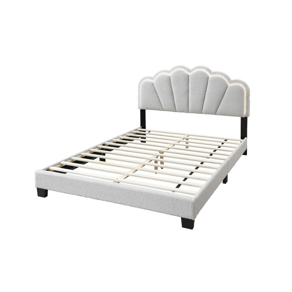 Benjara Geny Queen Size Bed, Classic White Wool Upholstery And LED, Glam Arch