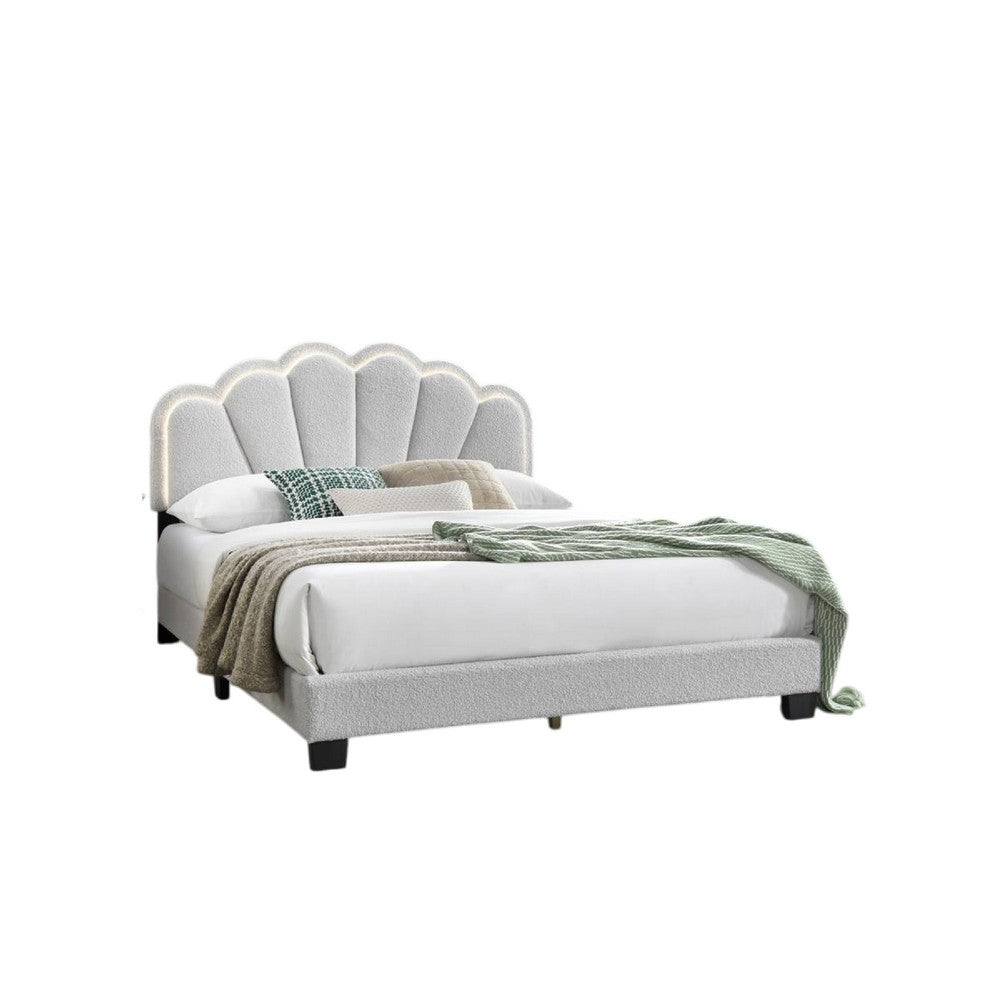 Benjara Geny Queen Size Bed, Classic White Wool Upholstery And LED, Glam Arch