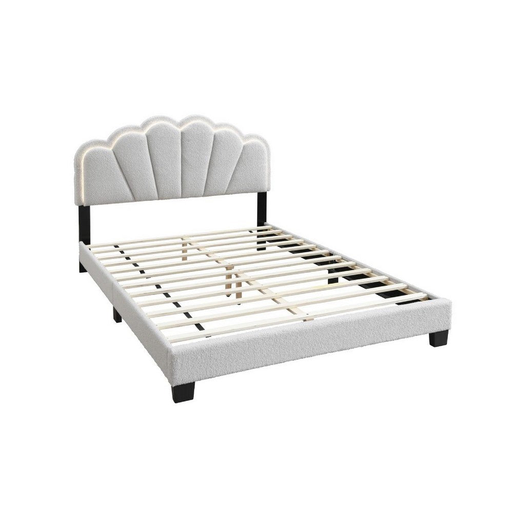 Benjara Geny Queen Size Bed, Classic White Wool Upholstery And LED, Glam Arch