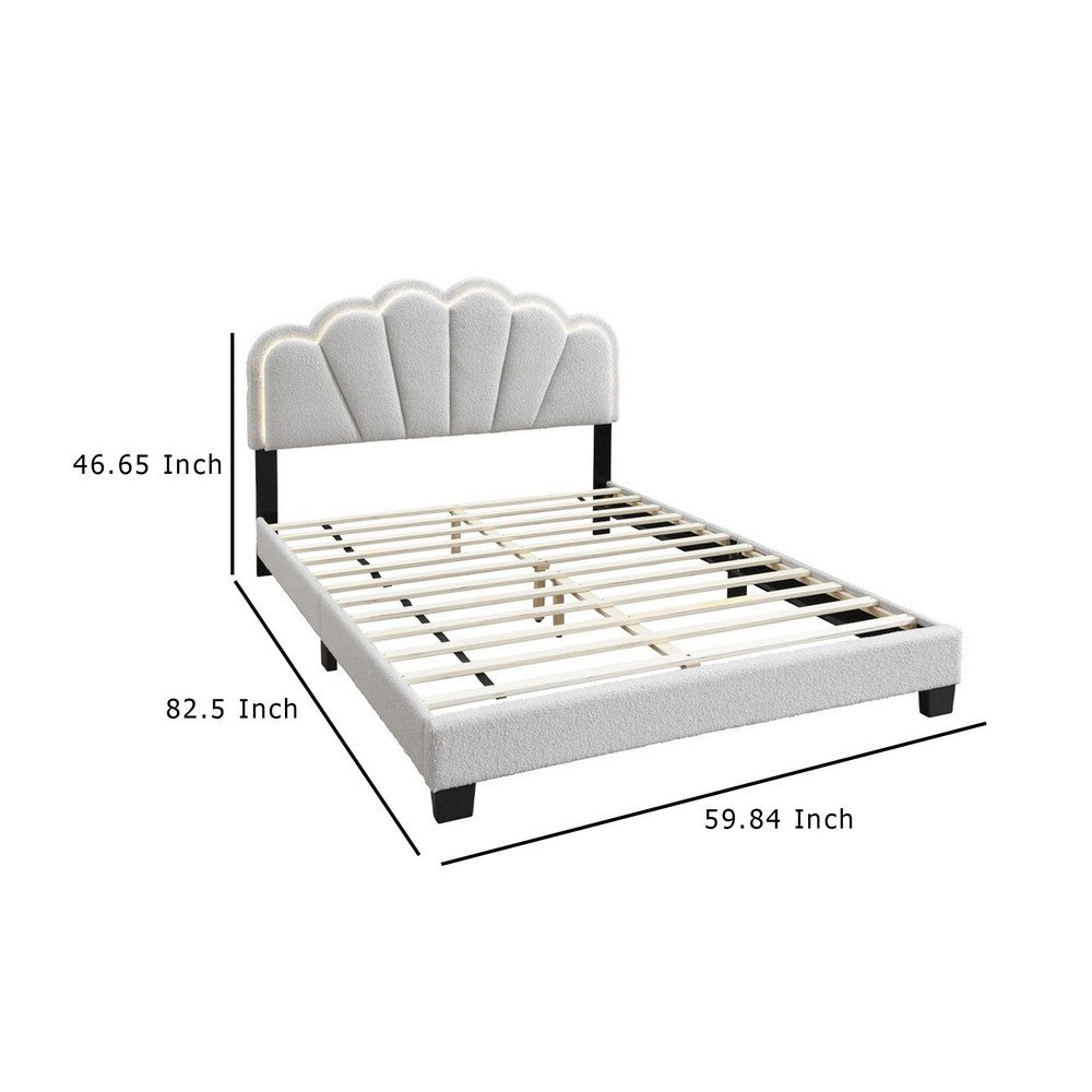 Benjara Geny Queen Size Bed, Classic White Wool Upholstery And LED, Glam Arch