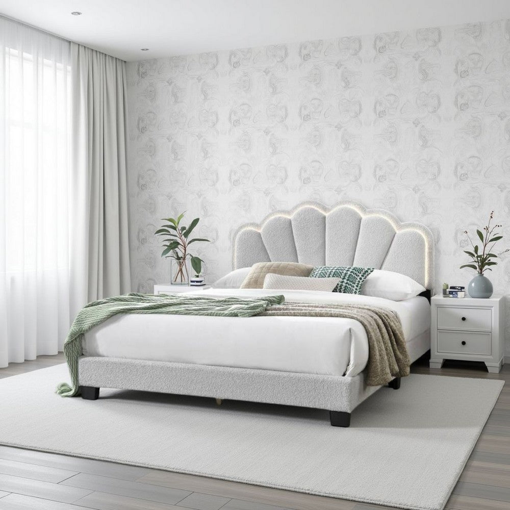 Benjara Geny Queen Size Bed, Classic White Wool Upholstery And LED, Glam Arch