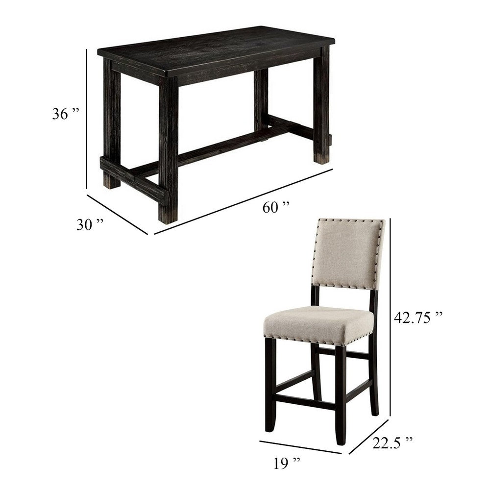Benjara Bega 4pc Counter Height Table, Bench n Chair Set, Ivory Fabric, Black