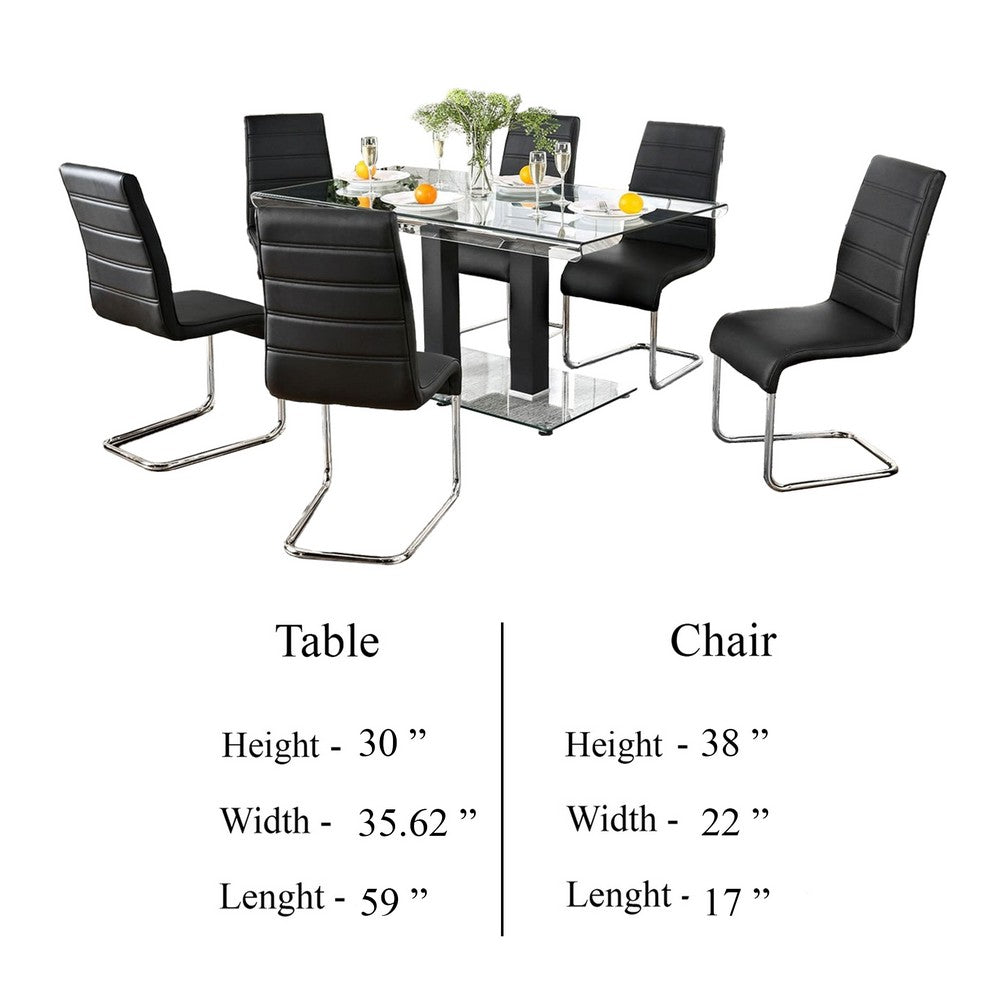 Benjara Fely 7pc Dining Table And Chair Set, Glass Top, Black Faux Leather