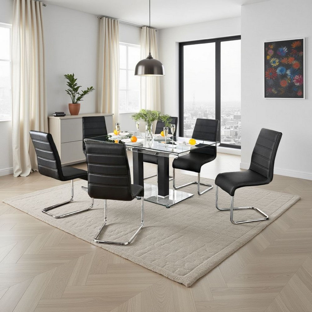 Benjara Fely 7pc Dining Table And Chair Set, Glass Top, Black Faux Leather