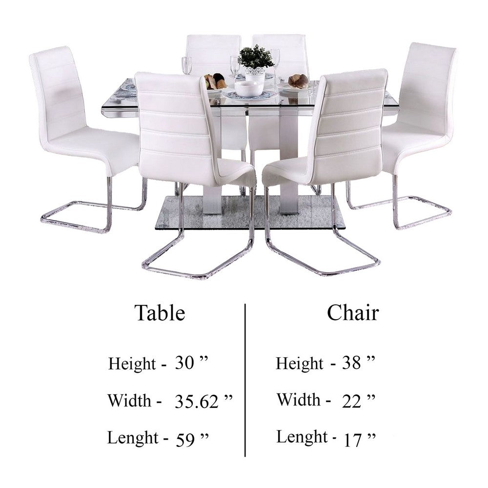 Benjara Fely 7pc Dining Table And Chair Set, Glass Top, White Faux Leather