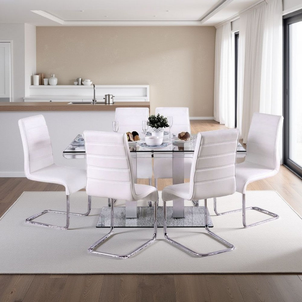 Benjara Fely 7pc Dining Table And Chair Set, Glass Top, White Faux Leather