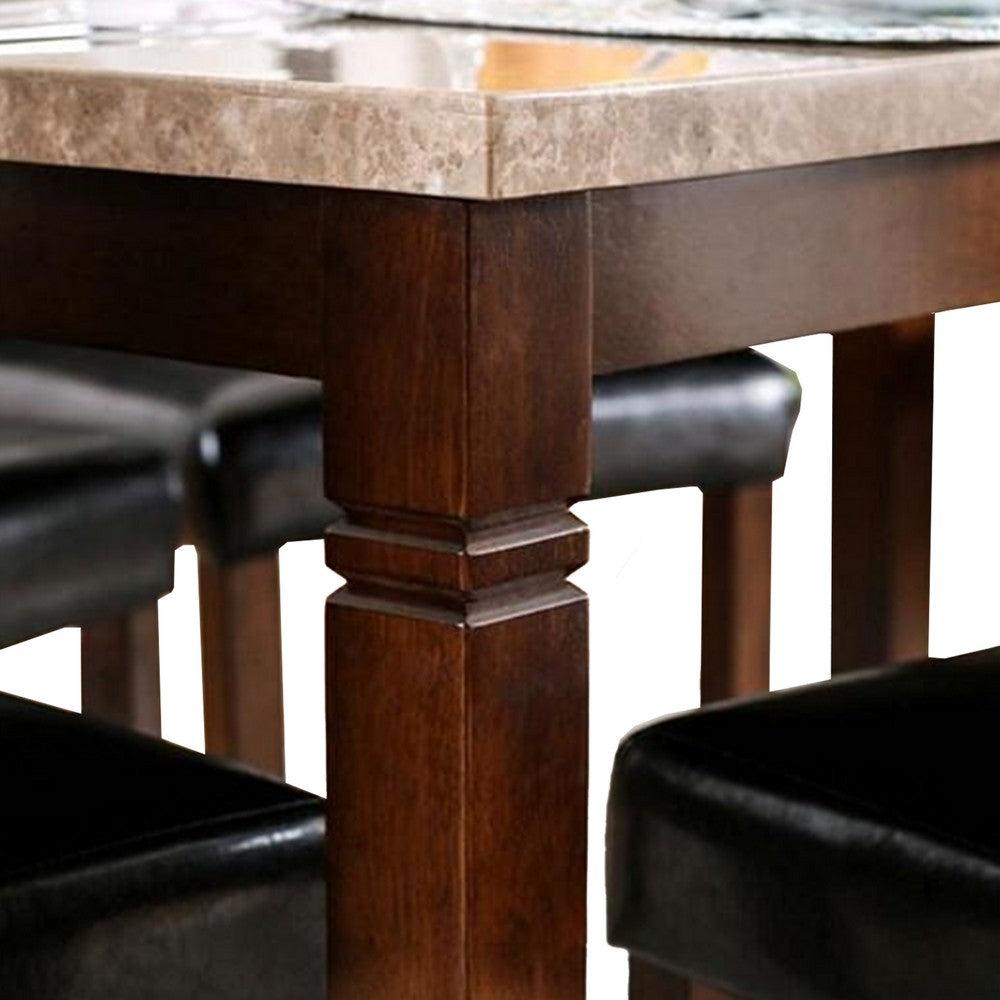 Benjara Ery 7pc Dining Table And Chair Set, Genuine Marble, Brown Faux Leather