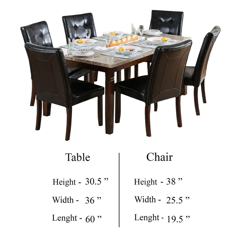 Benjara Ery 7pc Dining Table And Chair Set, Genuine Marble, Brown Faux Leather