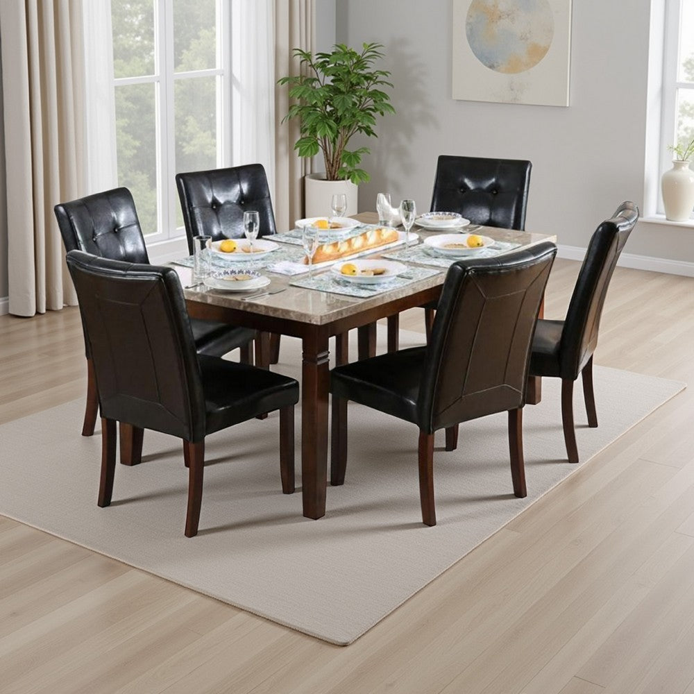 Benjara Ery 7pc Dining Table And Chair Set, Genuine Marble, Brown Faux Leather