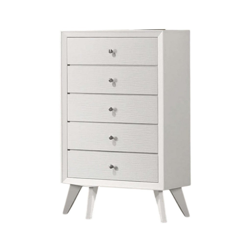 Benjara Tory Tall Dresser Chest, 5 Drawers w Bronze Knobs, Textured White Wood